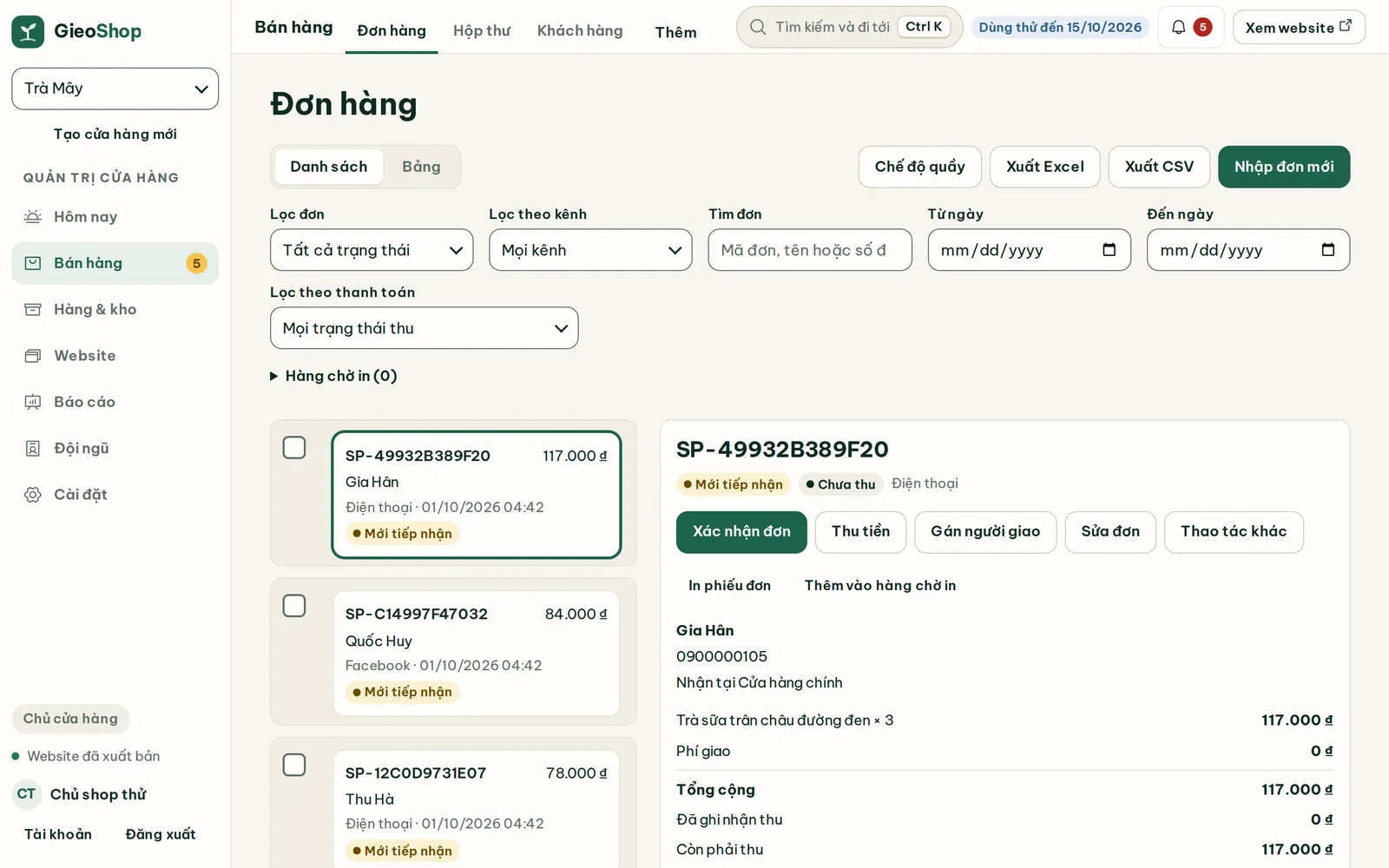 Màn hình Đơn hàng: danh sách đơn nhận từ nhiều kênh như điện thoại và Facebook, chi tiết một đơn mới đang mở bên phải.